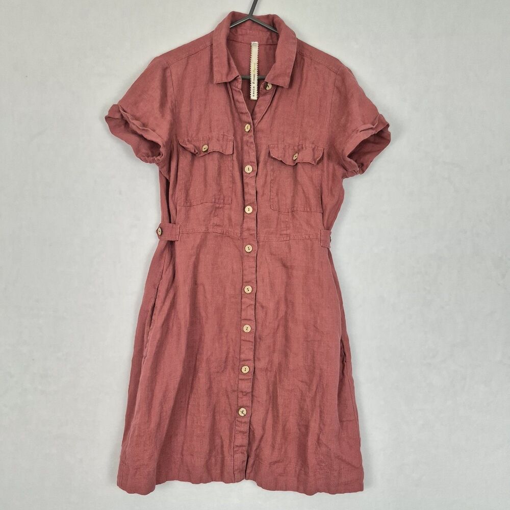 Uncle Frank Short Dress Womens XS Copper Red 100% Linen Button Up Pockets Natura